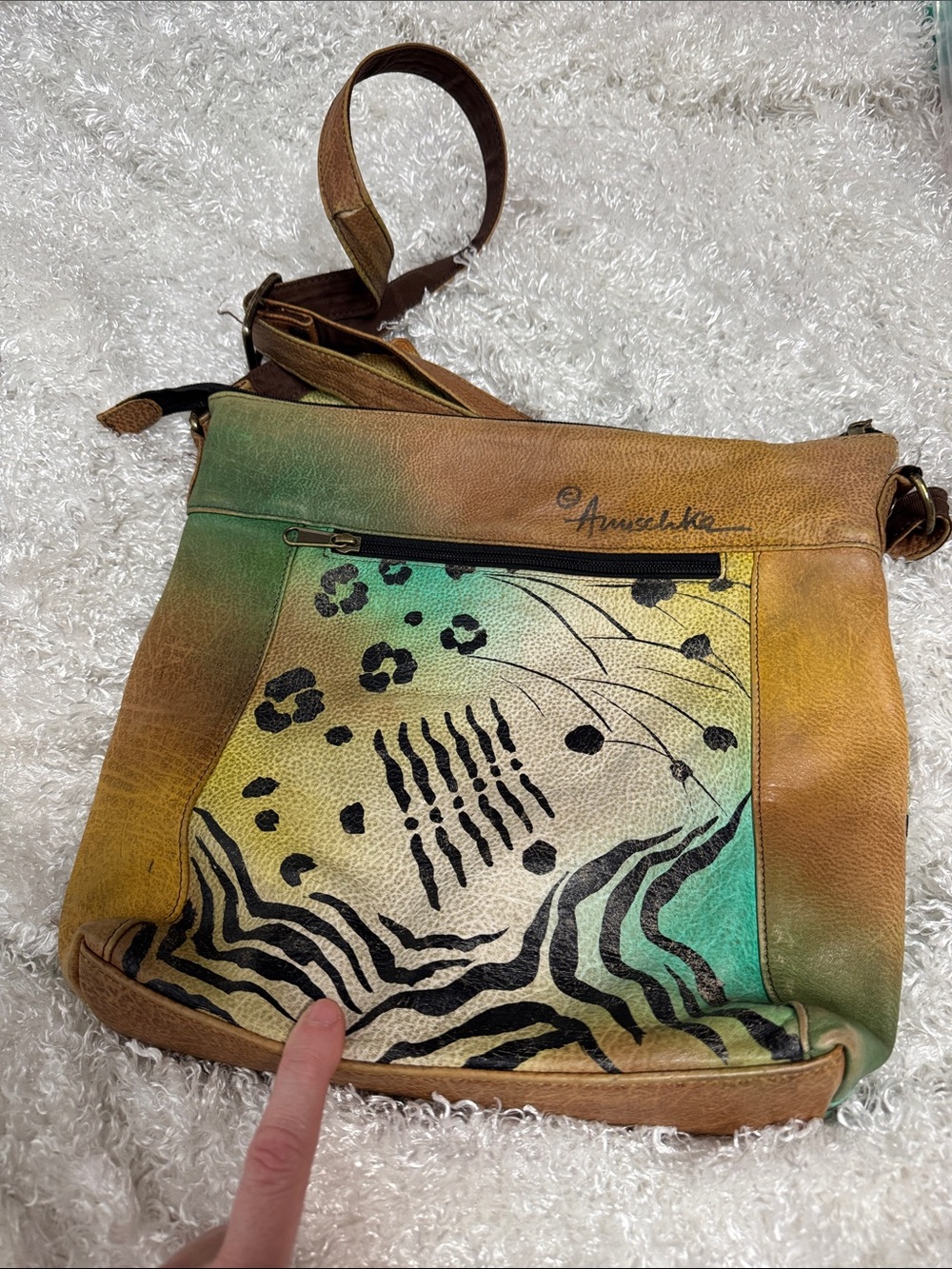 Anuschka Hand-Painted Multicolor Butterfly Crossbody Bag with Brown Strap - Picture 3 of 10